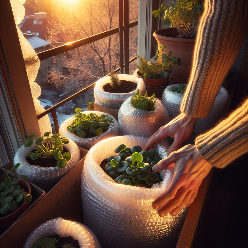 A cozy winter balcony garden scene at soft golden hour light, showing hands gently covering leafy green plants with breathable insulating cloths, surrounded by pots wrapped in bubble wrap and natural mulch, with warm sunlight filtering through nearby windows, evoking energy-efficient cold-weather care for home gardening.